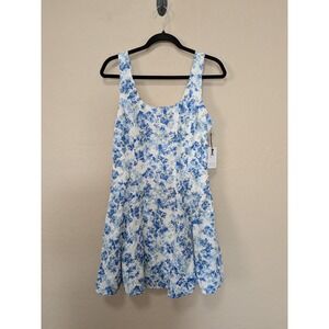 Japna White Blue Eyelet Floral Smocked Mini Dress Sz L 100% Cotton Cottagecore